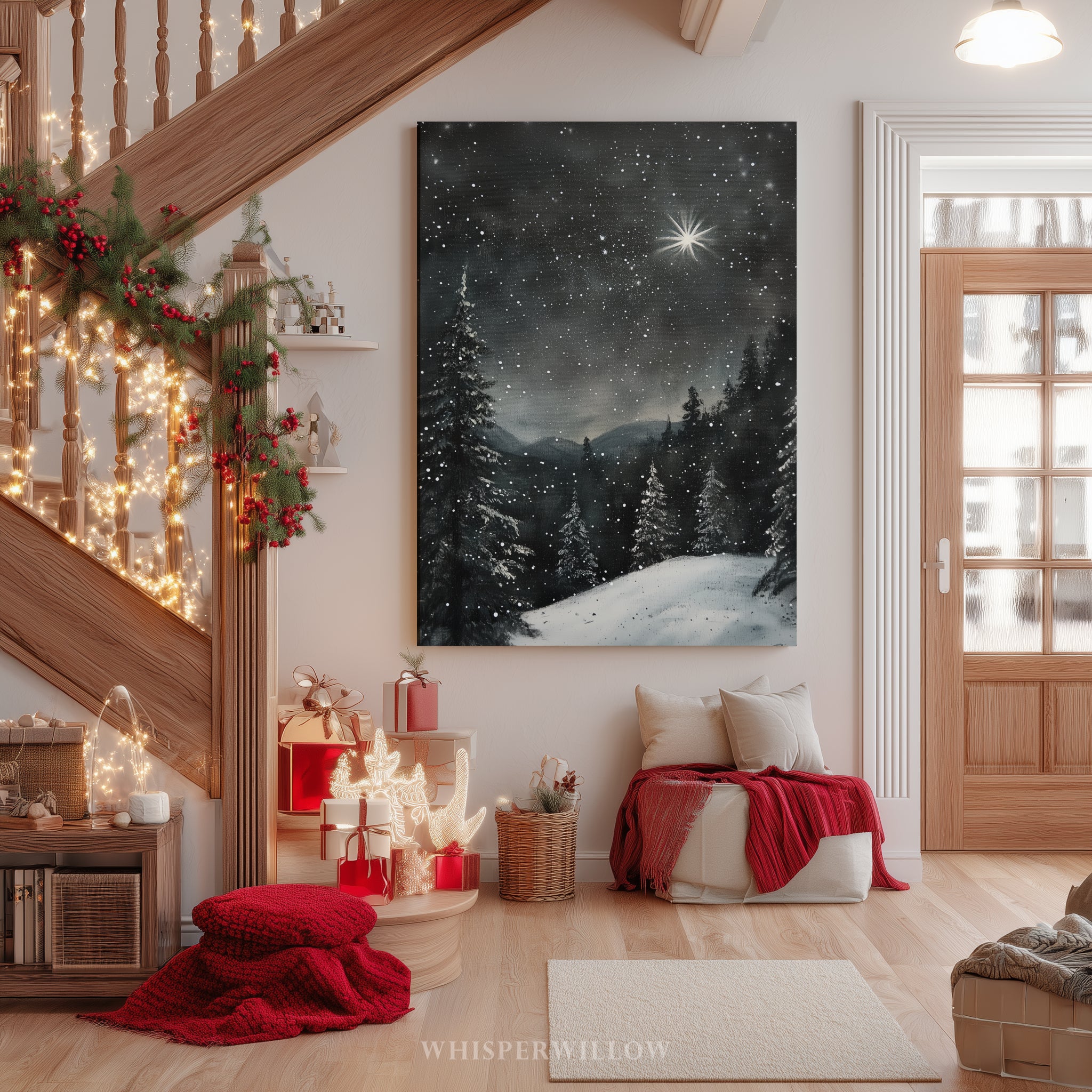 Winterliches Leinwandbild | Sternennacht, verschneiter Wald, Polarstern | Weihnachtsgeschenk