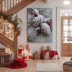 Leinwandbild mit verschneiten Kiefernzapfen – Winterliche rote Beeren, rustikale Weihnachtsdekoration im Waldstil