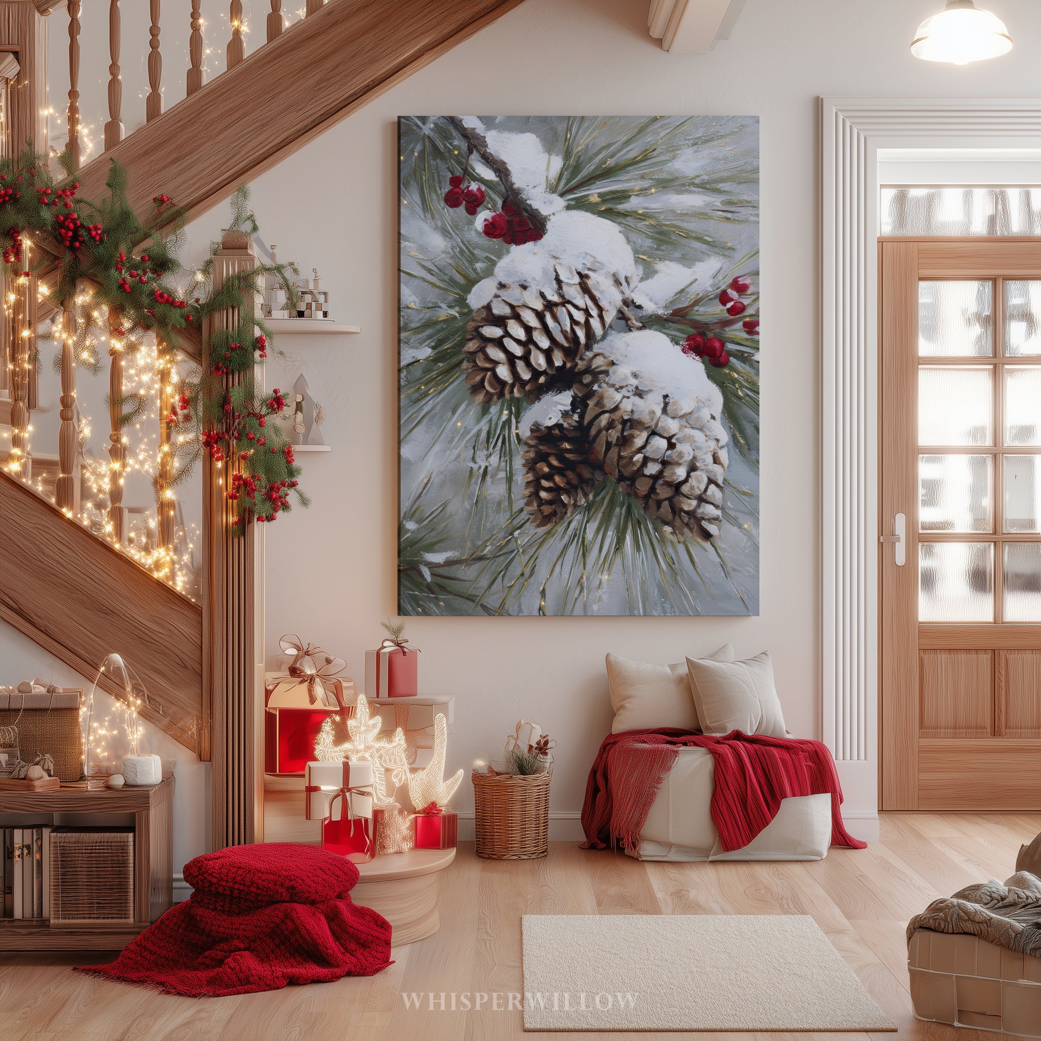 Leinwandbild mit verschneiten Kiefernzapfen – Winterliche rote Beeren, rustikale Weihnachtsdekoration im Waldstil