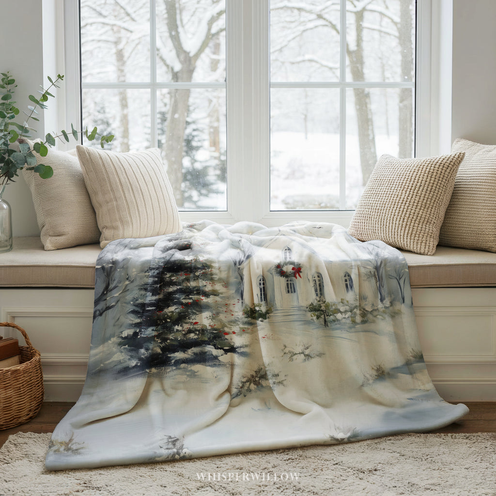 Christmas Church Throw Blanket - Snowy Winter Wonderland Gift