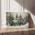Vintage Green Christmas Truck Canvas Wall Art - Snowy Winter Trees, Rustic Farmhouse Holiday Decor