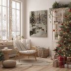 Winterliches Wandbild „Deer Creek“ auf Leinwand – Verschneite Waldlandschaft, Waldtierdekor