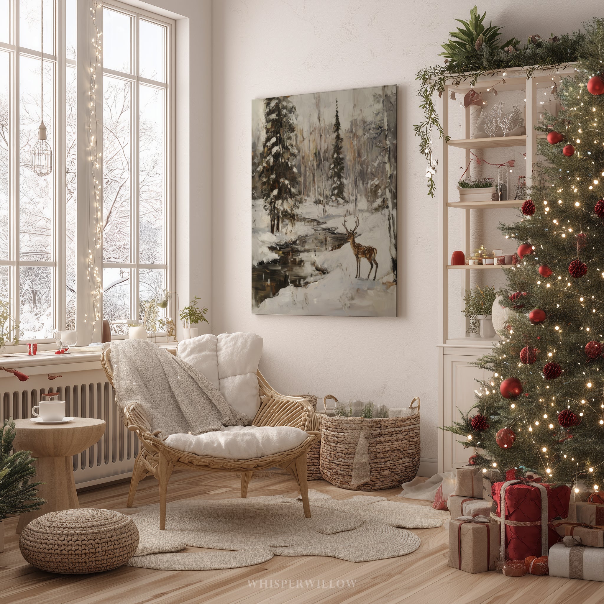 Winterliches Wandbild „Deer Creek“ auf Leinwand – Verschneite Waldlandschaft, Waldtierdekor