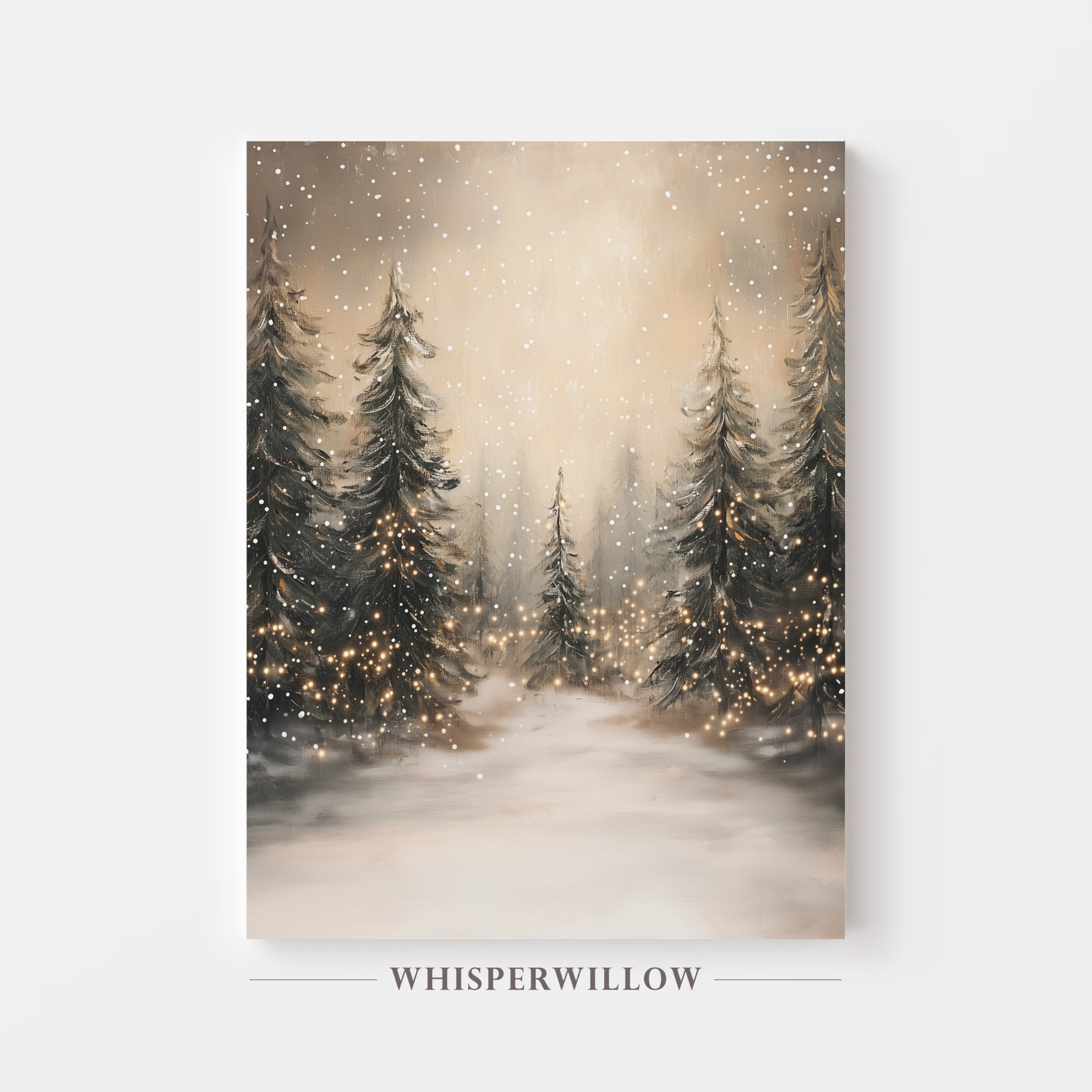 Leinwandbild Winterwald mit Lichterketten | Verschneite Kiefernwaldszene | Rustikale Weihnachtsdeko