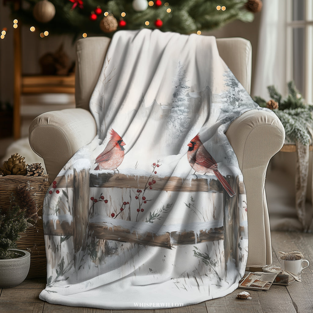 Winter Cardinal Birds Throw Blanket - Snowy Fence Rustic Gift