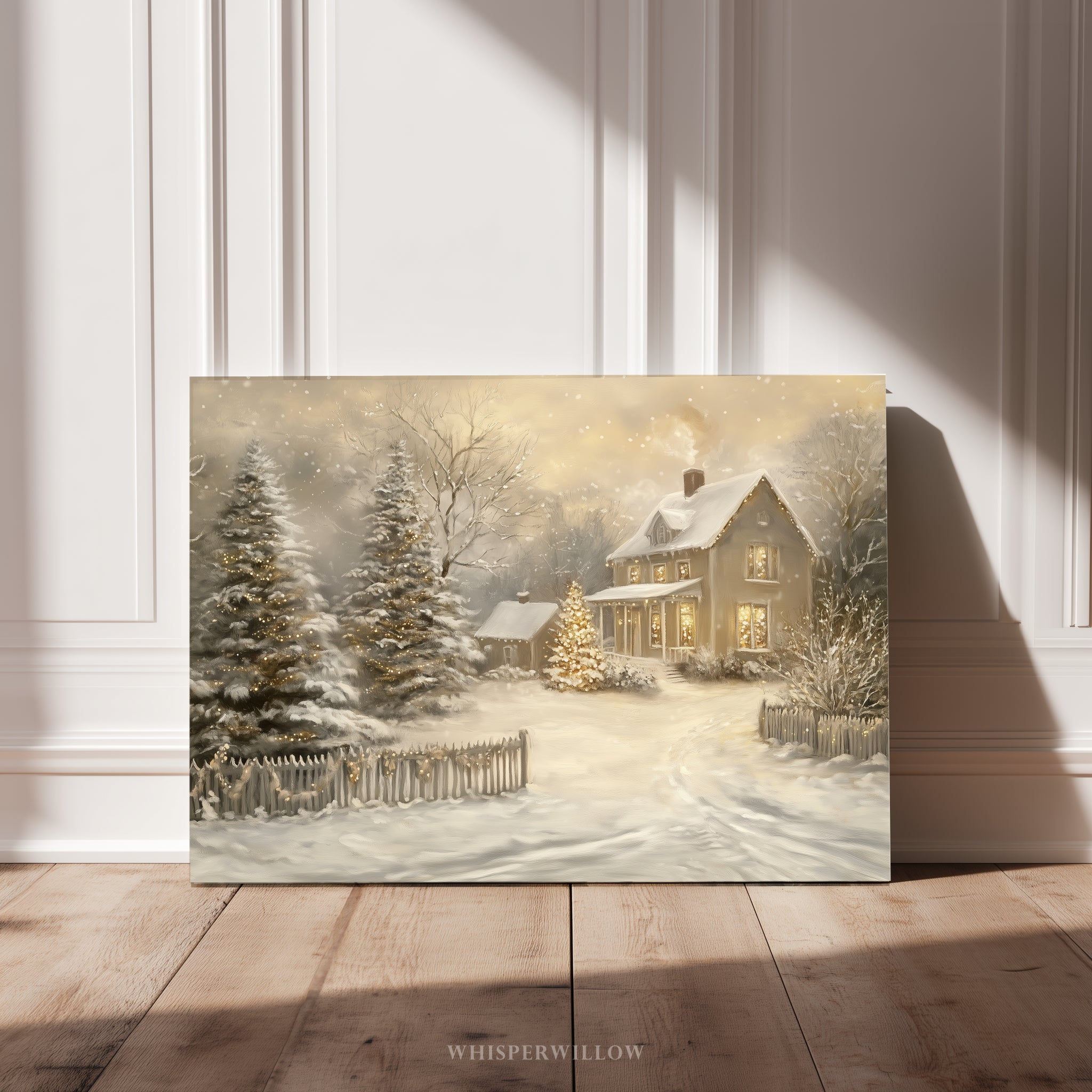 Bezauberndes Winter-Wandbild auf Leinwand – Verschneite Weihnachtslandschaft, festliche Dekoration im Landhausstil