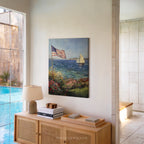 Leinwandbild mit Küstenmotiv | Segelboot mit amerikanischer Flagge | Patriotisches maritimes Deko-Geschenk