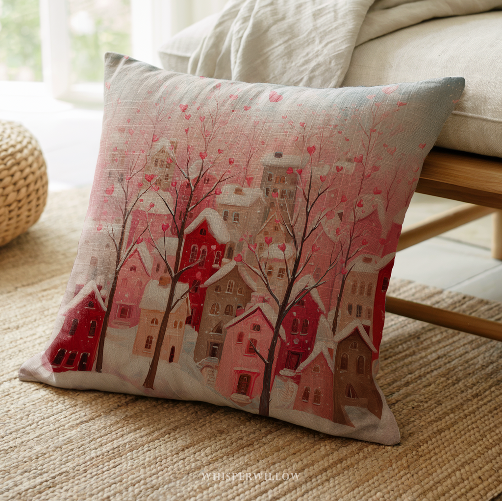 Valentine heart village throw pillow with pink winter town and heart-shaped trees on soft pastel background