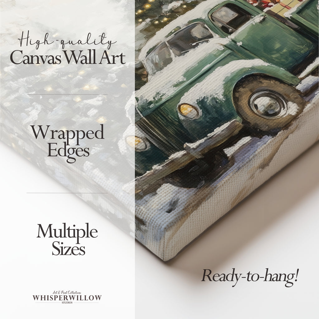 Vintage Green Christmas Truck Canvas Wall Art - Snowy Winter Trees, Rustic Farmhouse Holiday Decor