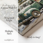 Vintage Green Christmas Truck Canvas Wall Art - Snowy Winter Trees, Rustic Farmhouse Holiday Decor