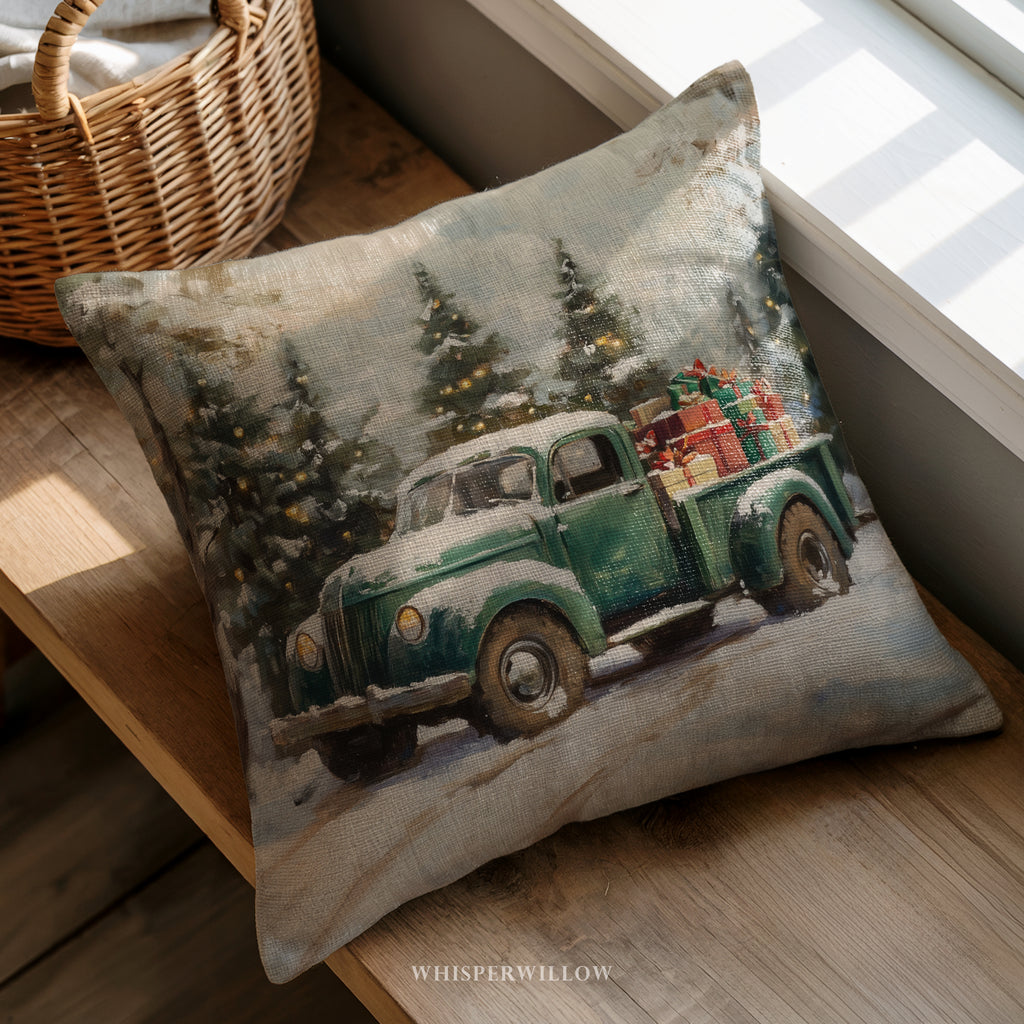 Vintage Christmas Truck Throw Pillow - Holiday Snowy Forest Cushion Cover by WhisperWillow Studios Home Decor Gifts