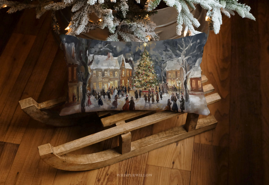 Coussin décoratif vintage village de Noël | Décoration hivernale chaleureuse | Coussin cadeau de saison