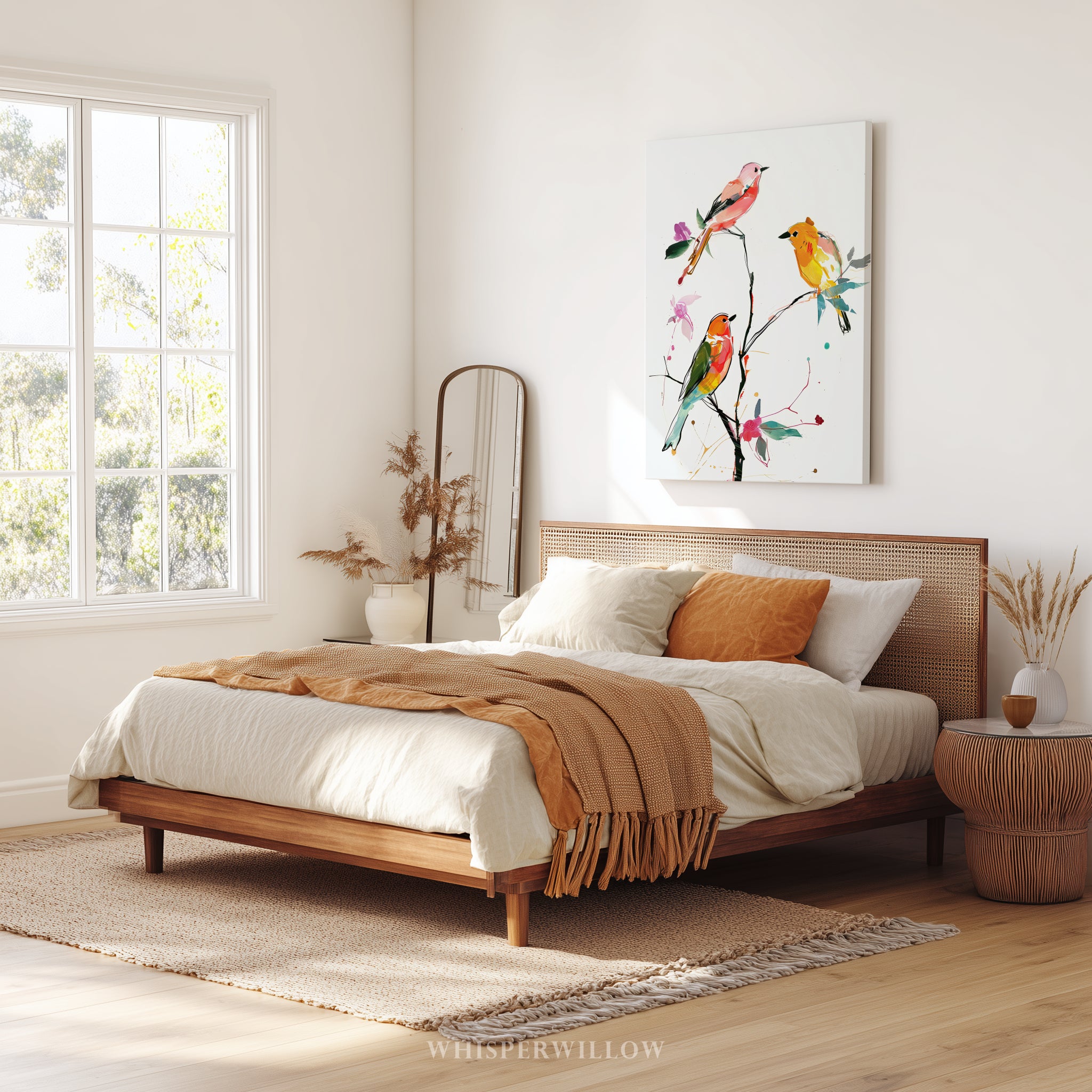 Farbenfrohe Singvogel-Leinwandbilder – Lebendige Aquarellvögel auf einem verspielten Ast