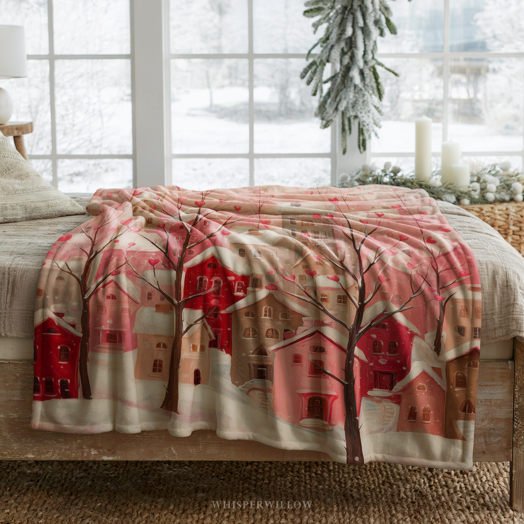 Couverture romantique et douillette « Village de la Saint-Valentin en forme de cœur » | Peluche rose représentant un village d'hiver | Cadeau romantique et réconfortant