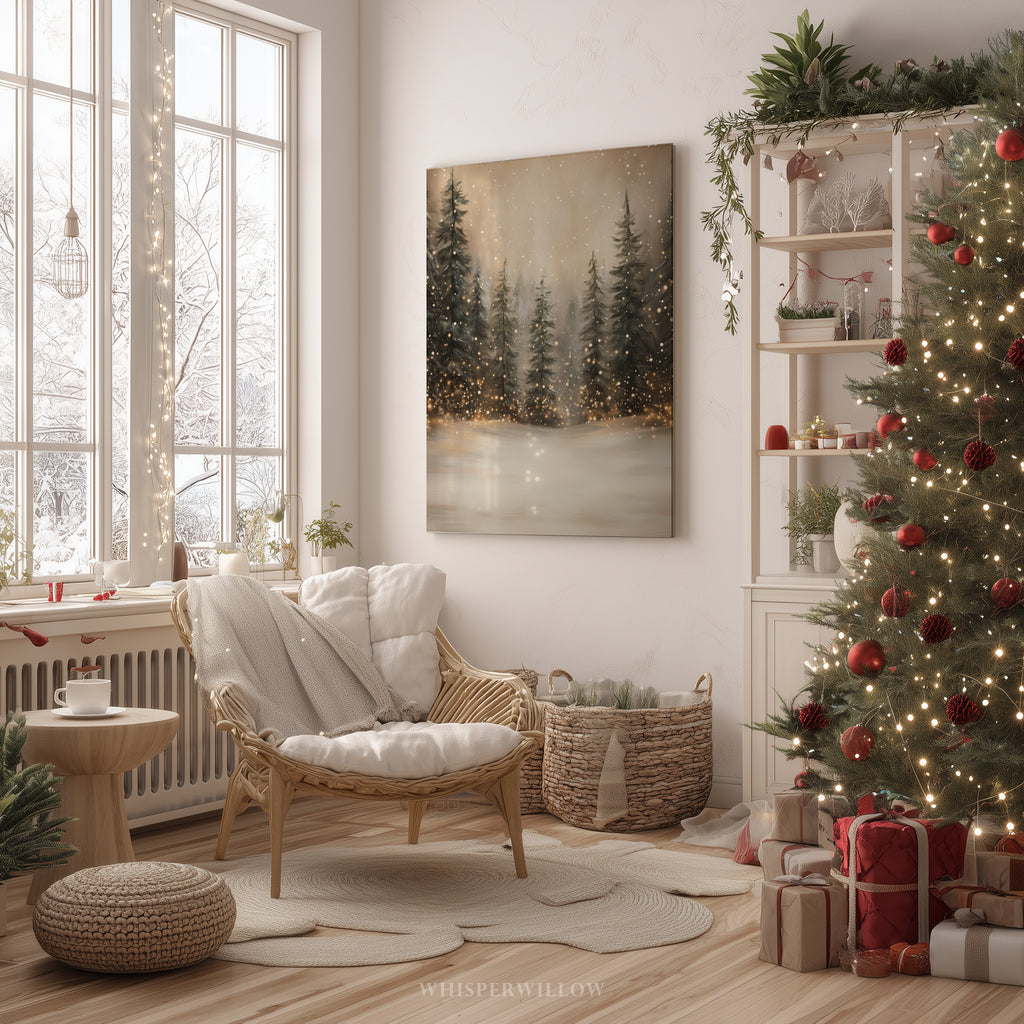 Winterliches Leinwandbild | Verschneiter Wald mit funkelnden Lichtern | Gemütliche, rustikale Weihnachtsdeko – das perfekte Geschenk für Ihr Zuhause