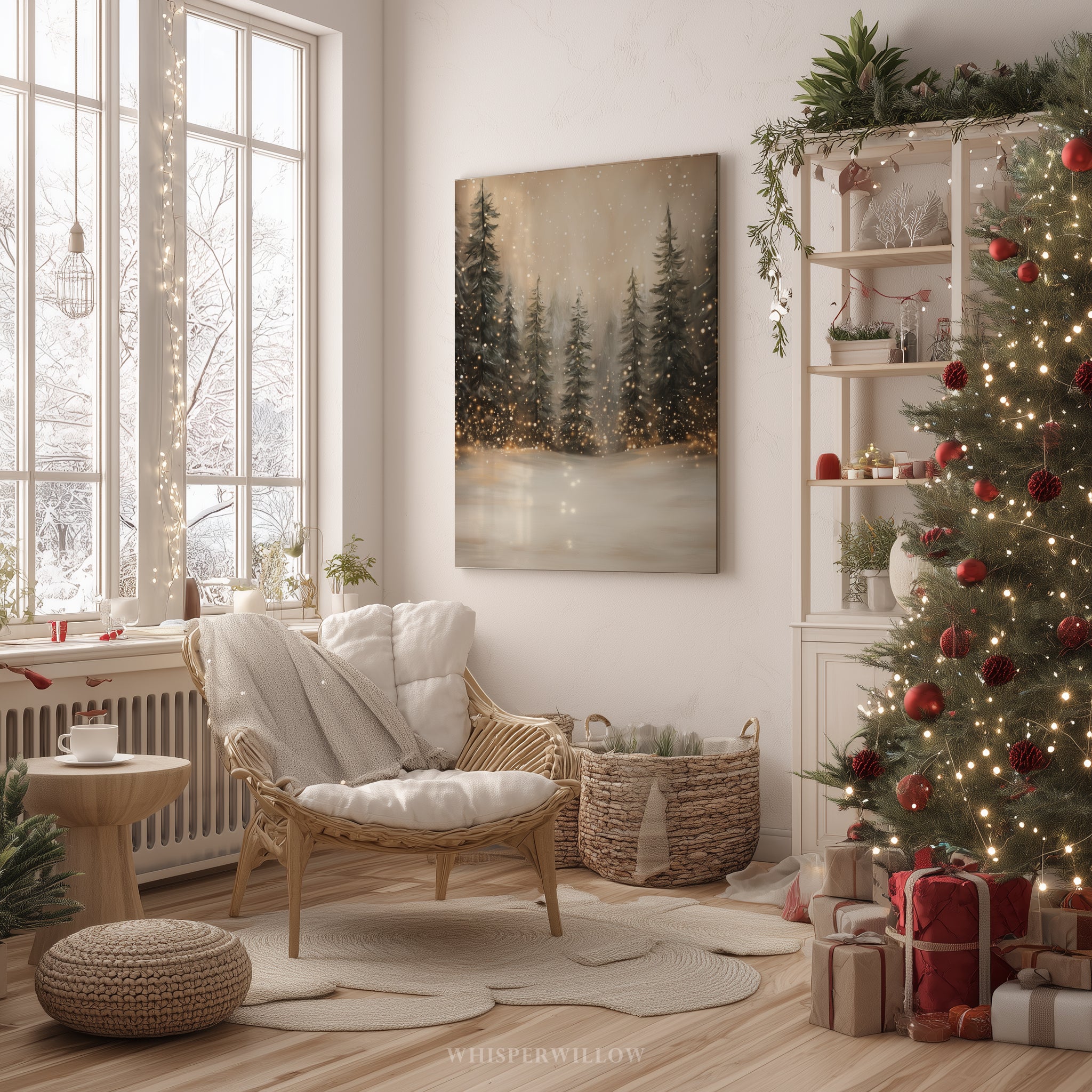 Winterliches Leinwandbild | Verschneiter Wald mit funkelnden Lichtern | Gemütliche, rustikale Weihnachtsdeko – das perfekte Geschenk für Ihr Zuhause