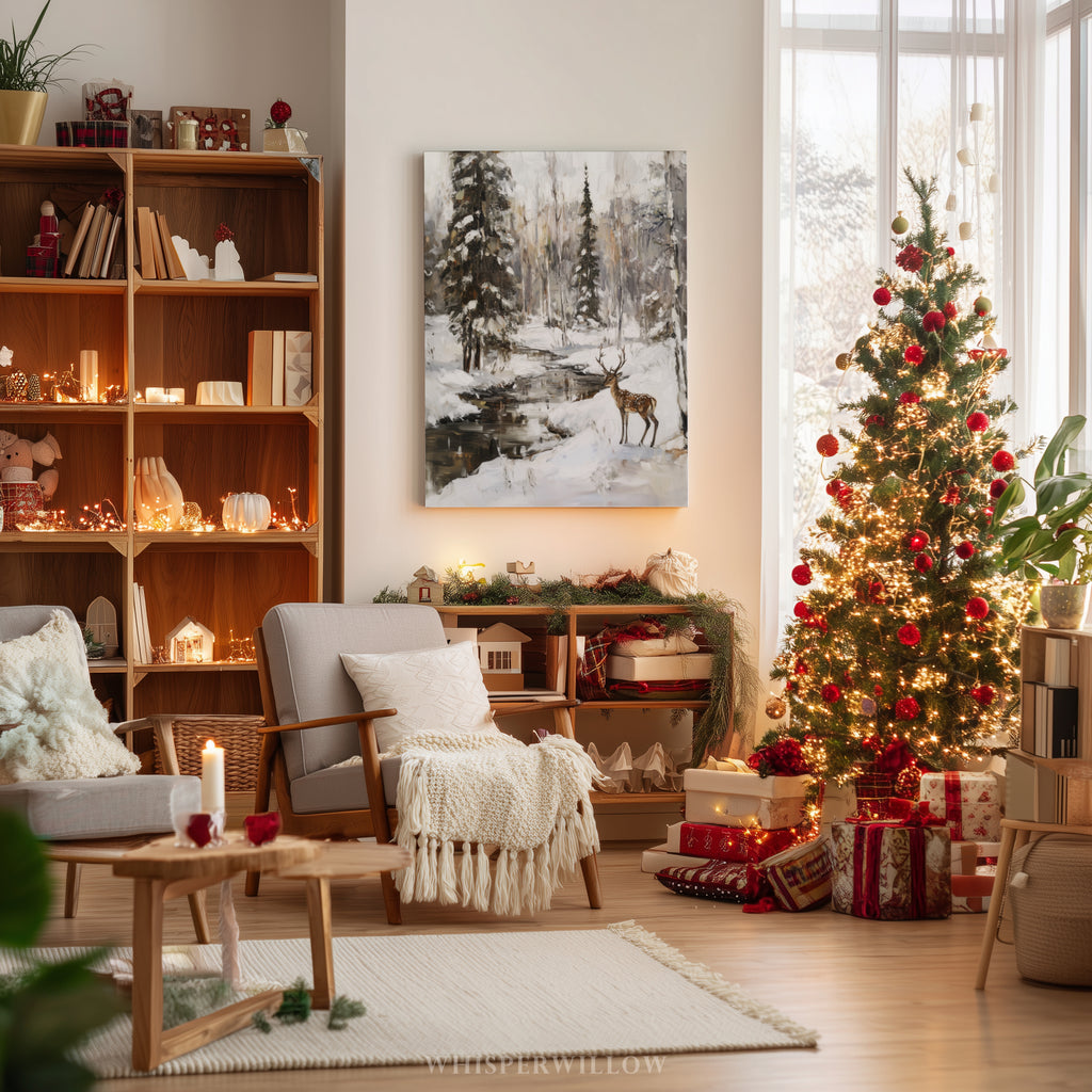 Winterliches Wandbild „Deer Creek“ auf Leinwand – Verschneite Waldlandschaft, Waldtierdekor