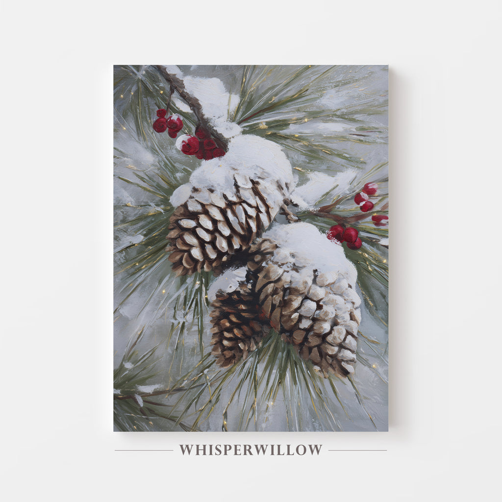 Snowy Pinecones and Red Berries Canvas Wall Art Christmas Winter Home Decor Gift