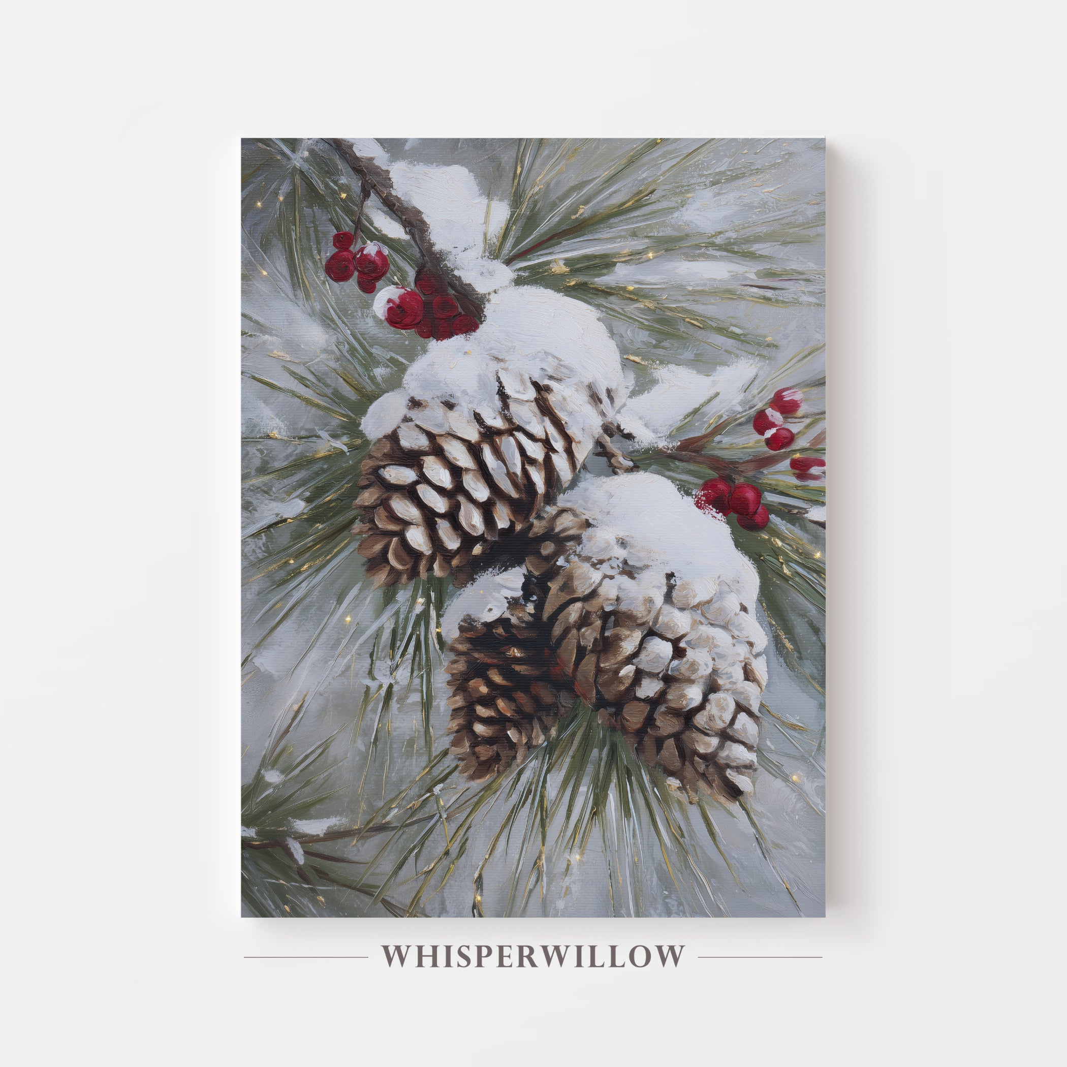 Snowy Pinecones and Red Berries Canvas Wall Art Christmas Winter Home Decor Gift
