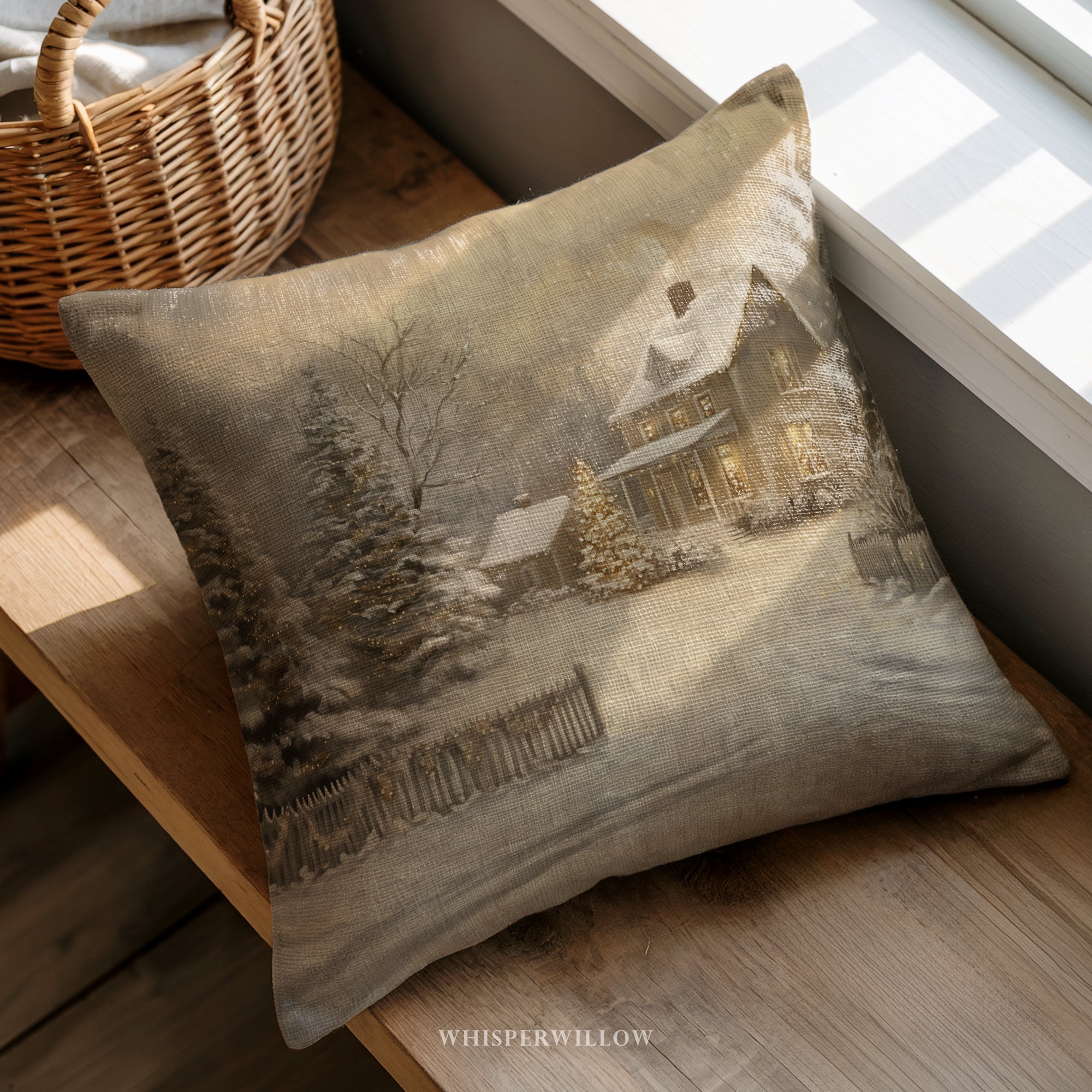 Winter Cottage Christmas Throw Pillow - Cozy Snowy Farmhouse Cushion Cover and Insert by WhisperWillow Studios Home Decor Gift