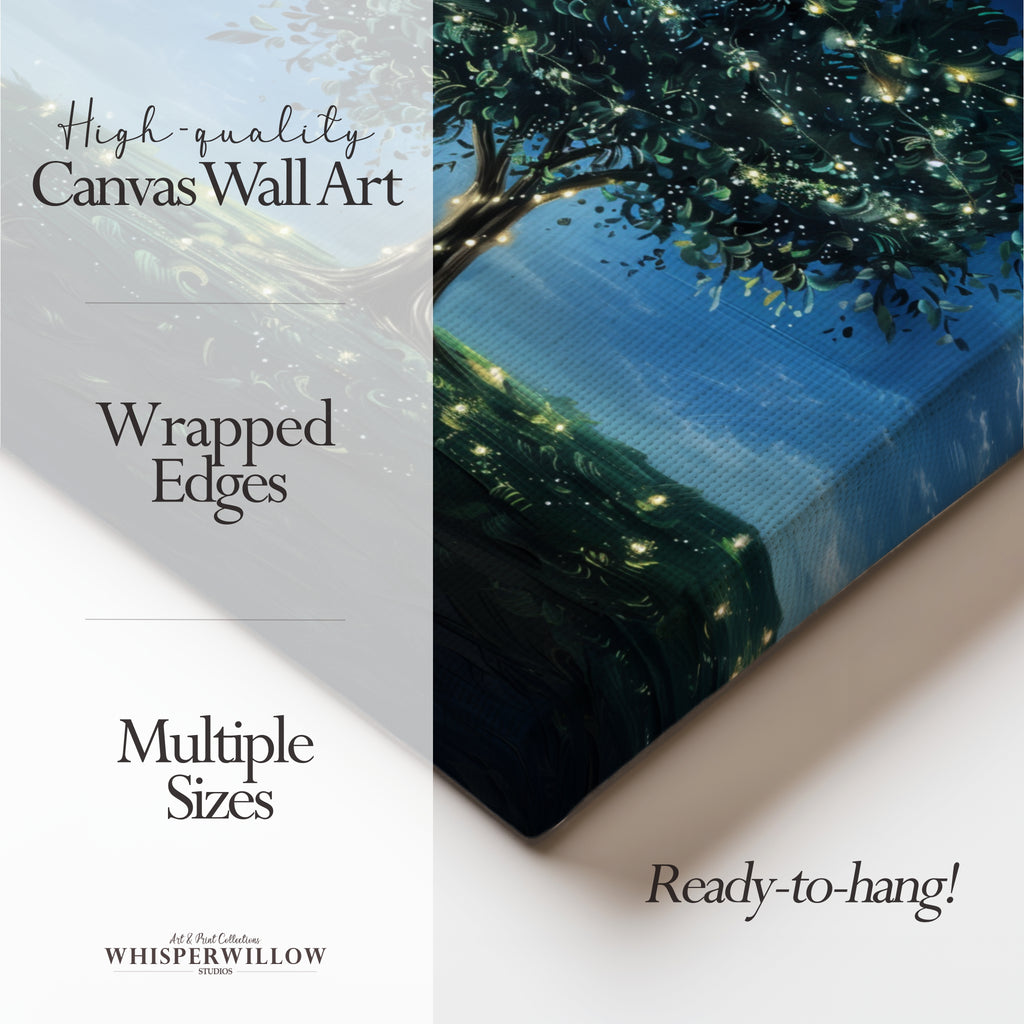 Leuchtender Glühwürmchenbaum als Leinwandbild – Sternenklare Nachtwiese, fantasievoll und verspielt