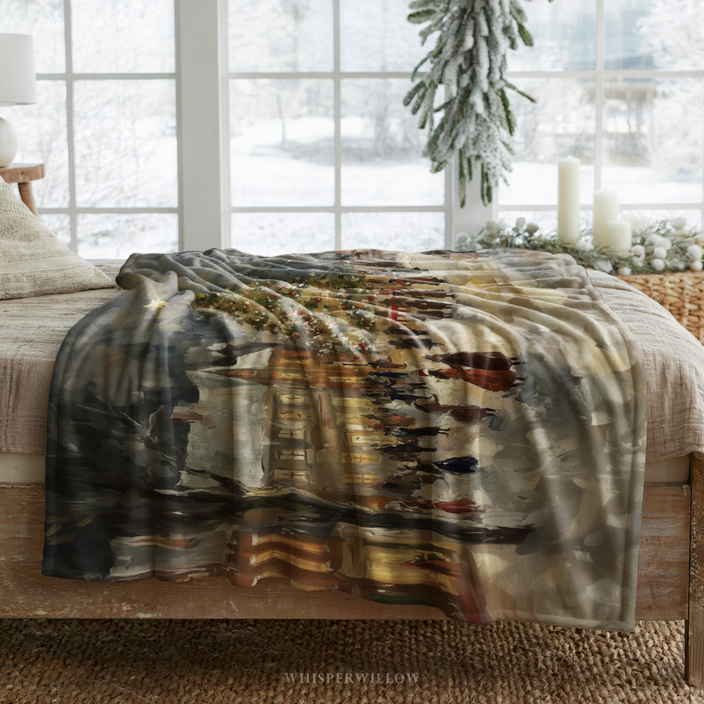 Vintage Christmas Eve Village Throw Blanket - Snowy Tree Town Square Gift