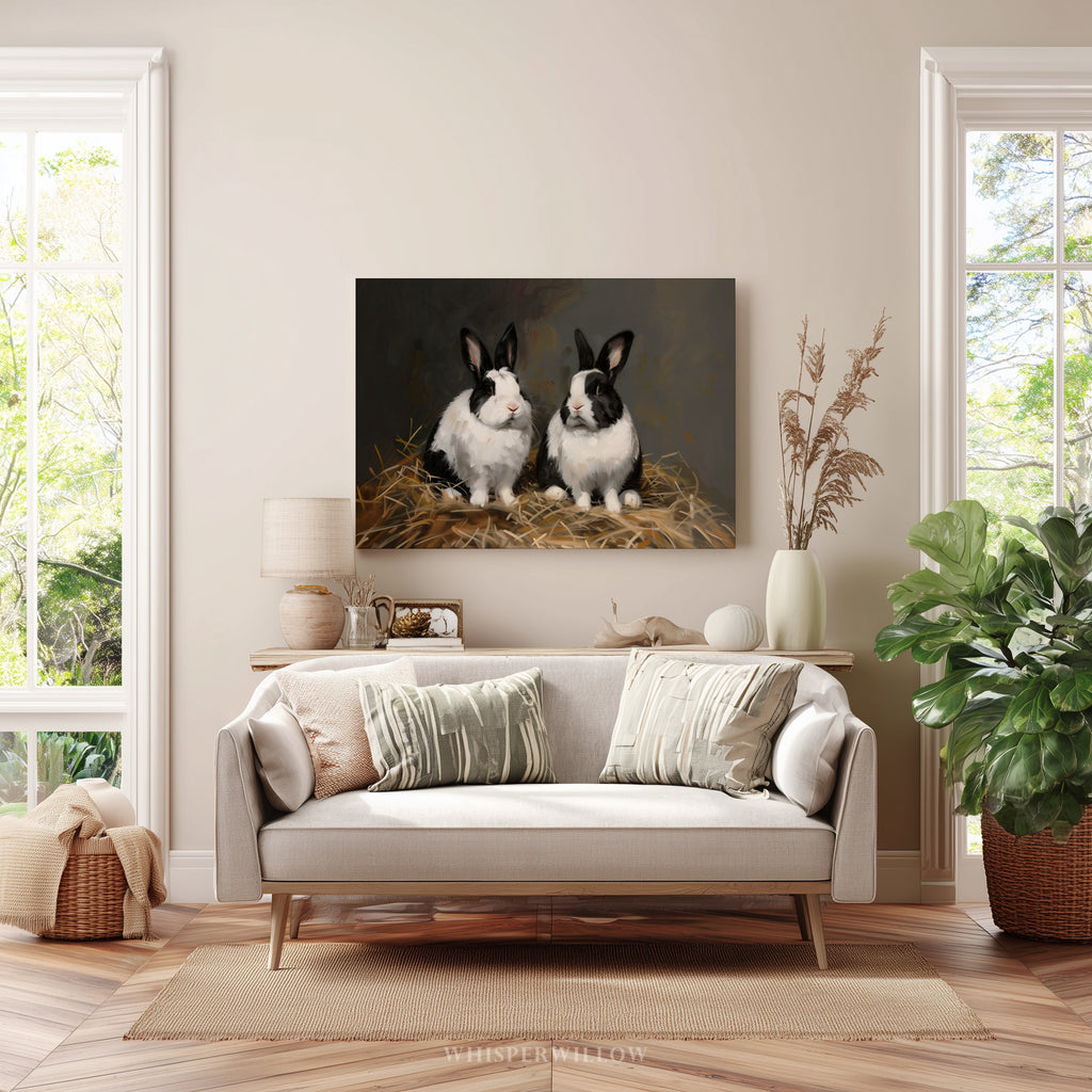 Leinwandbild mit schwarz-weißem Kaninchen – Rustikales Frühlingsmotiv im Landhausstil mit holländischem Hasenmotiv