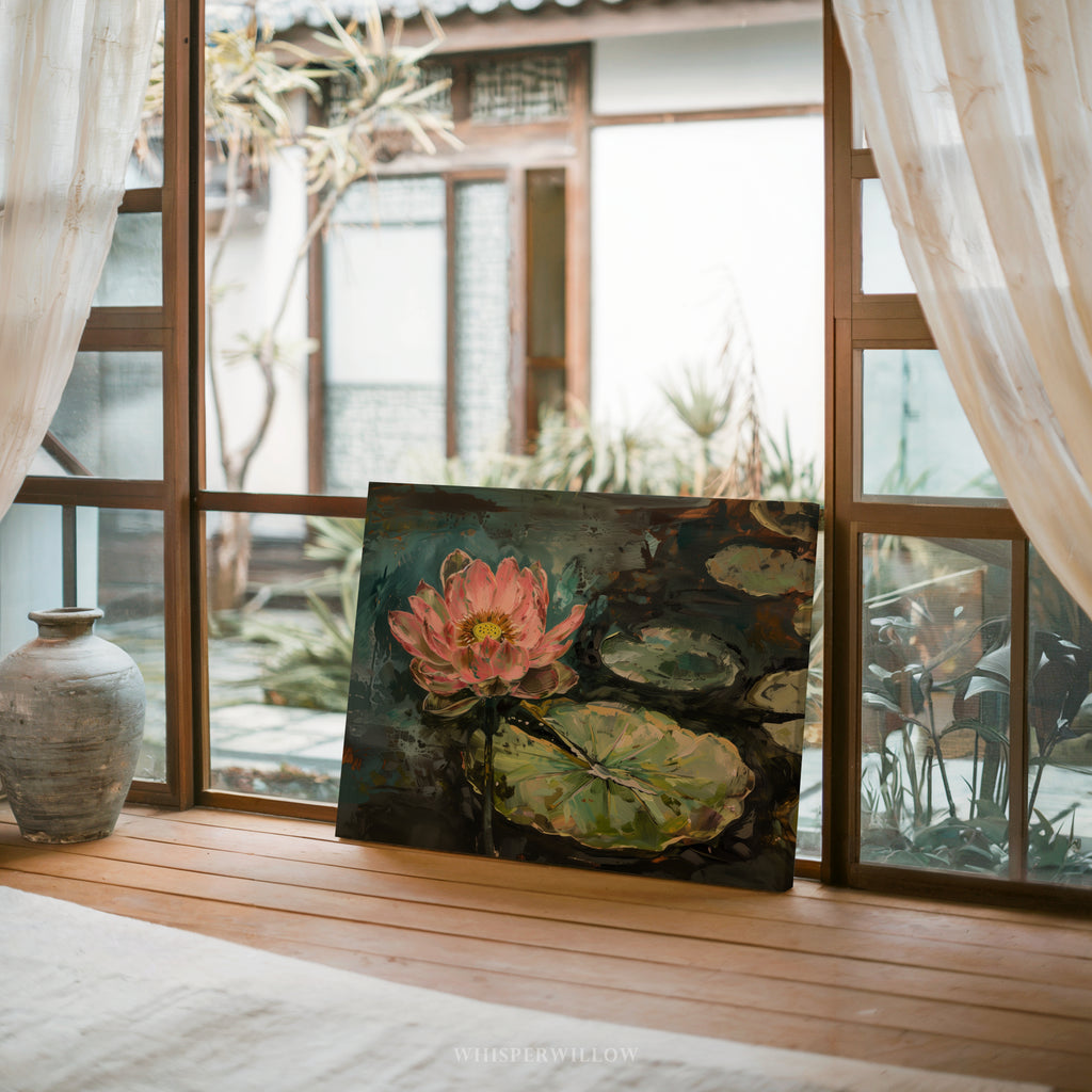 Leinwandbild mit rosa Lotusblume – Seerosenblätter, botanisch, modern-impressionistisch