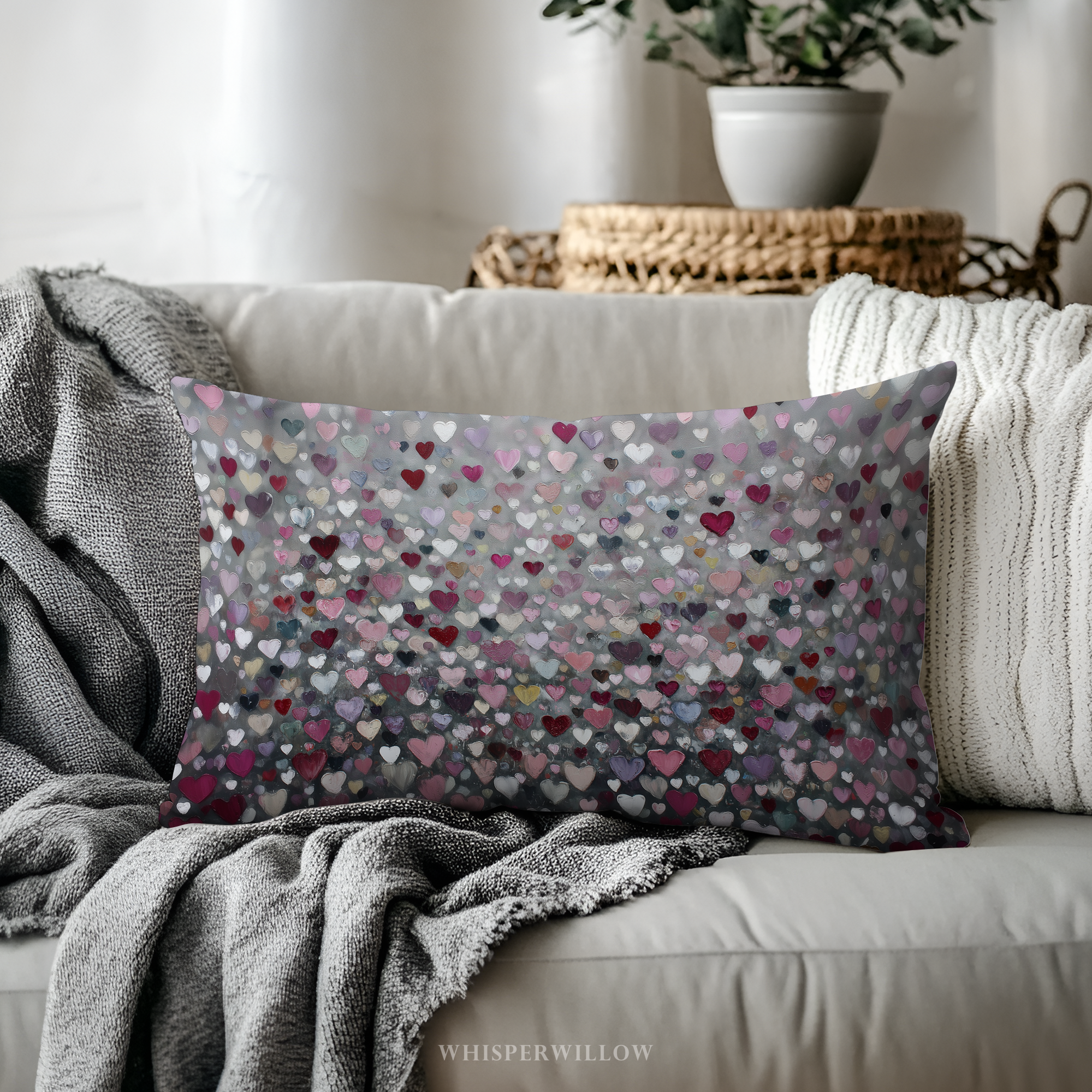 Coussin décoratif à motif cœur abstrait | Romantique | Motif amour rose, rouge et gris