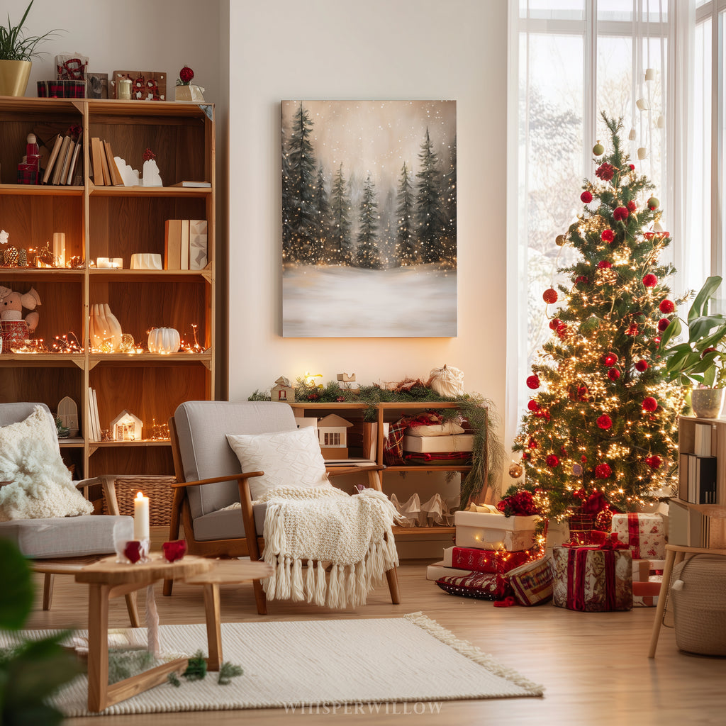 Winterliches Leinwandbild | Verschneiter Wald mit funkelnden Lichtern | Gemütliche, rustikale Weihnachtsdeko – das perfekte Geschenk für Ihr Zuhause