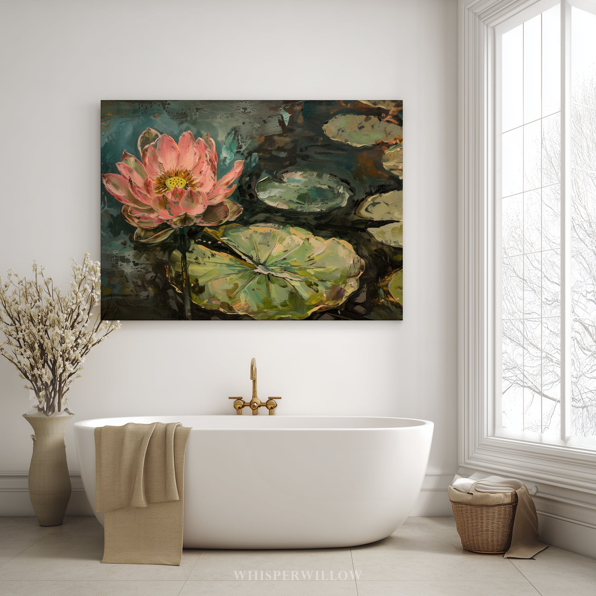 Leinwandbild mit rosa Lotusblume – Seerosenblätter, botanisch, modern-impressionistisch