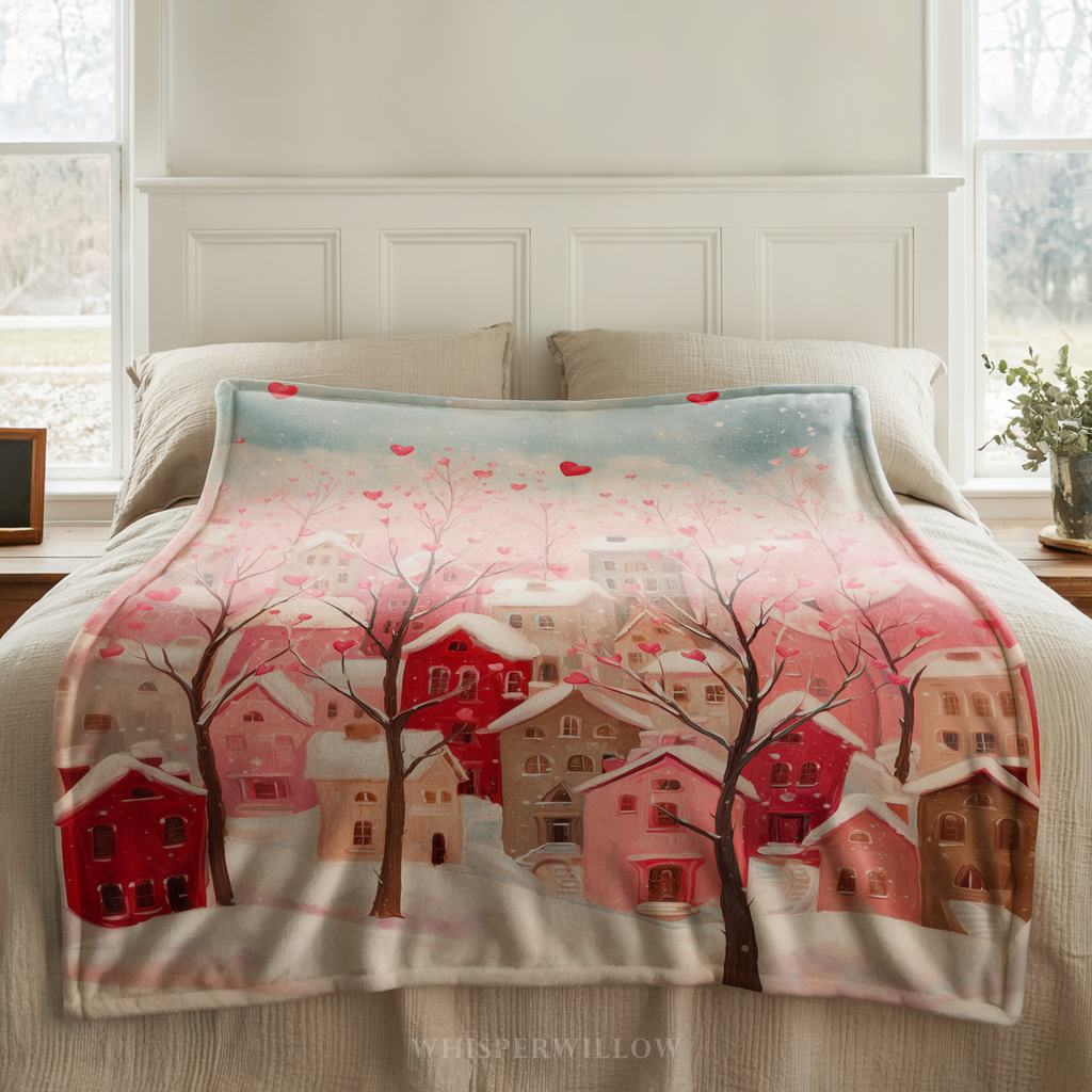 Couverture romantique et douillette « Village de la Saint-Valentin en forme de cœur » | Peluche rose représentant un village d'hiver | Cadeau romantique et réconfortant