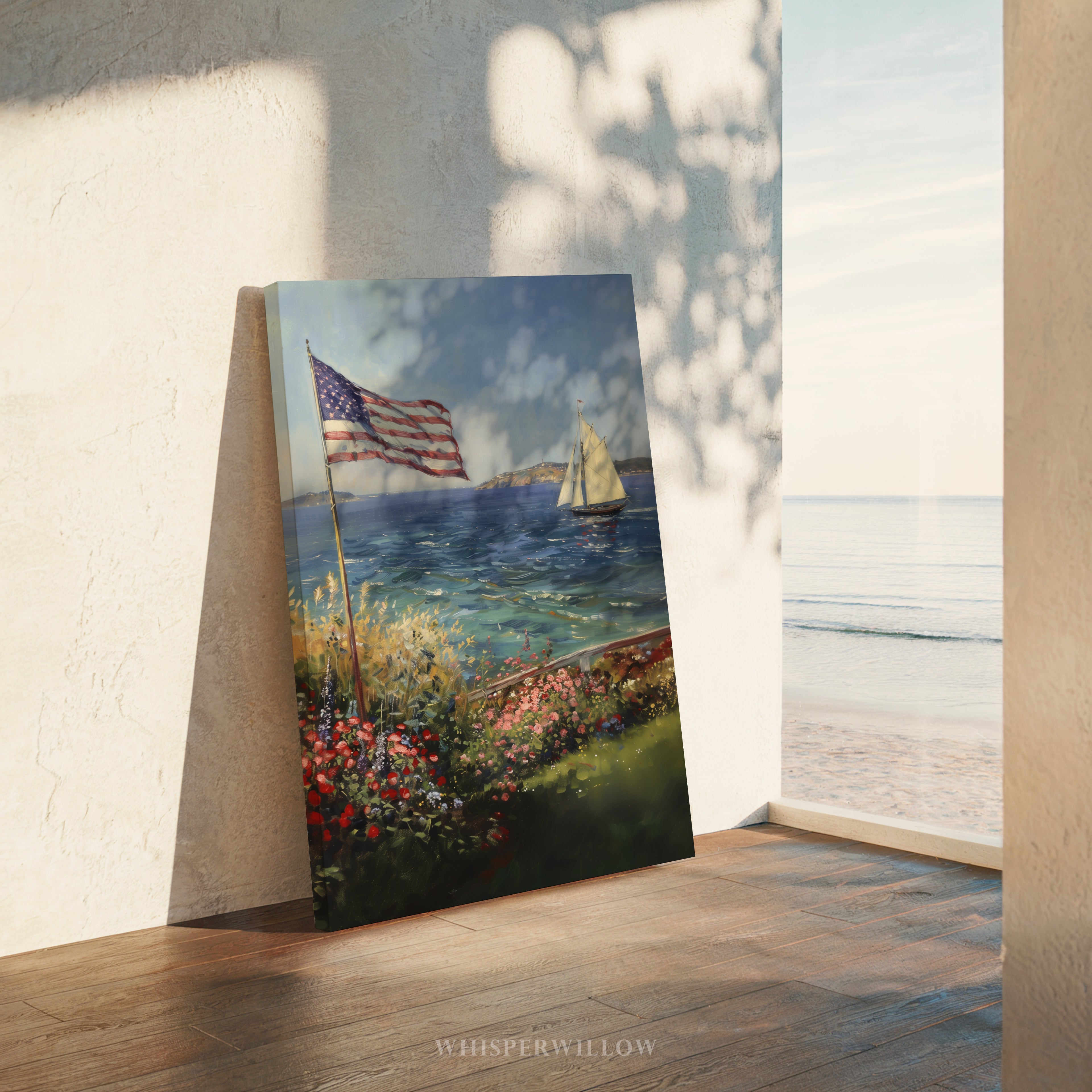 Leinwandbild mit Küstenmotiv | Segelboot mit amerikanischer Flagge | Patriotisches maritimes Deko-Geschenk