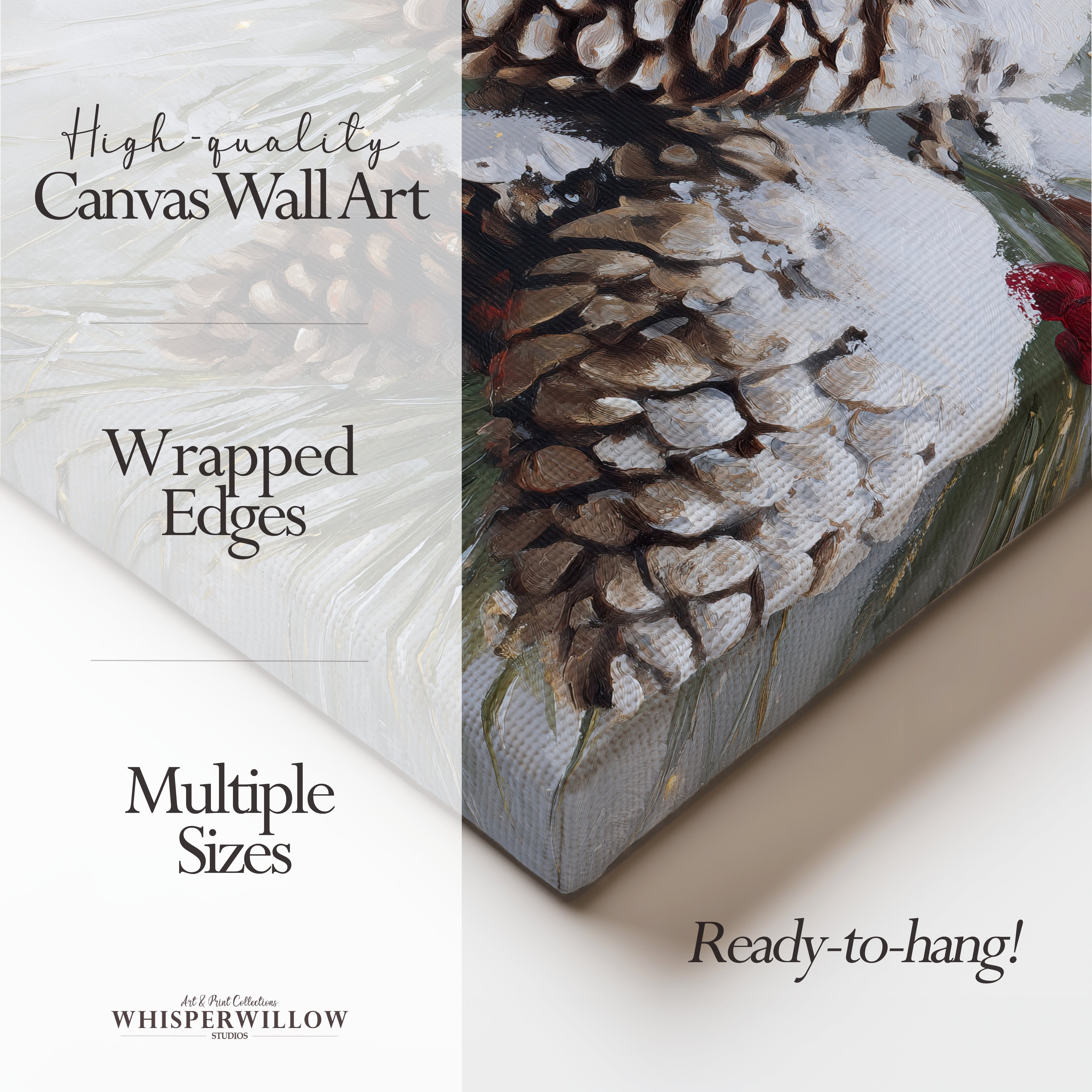 Leinwandbild mit verschneiten Kiefernzapfen – Winterliche rote Beeren, rustikale Weihnachtsdekoration im Waldstil