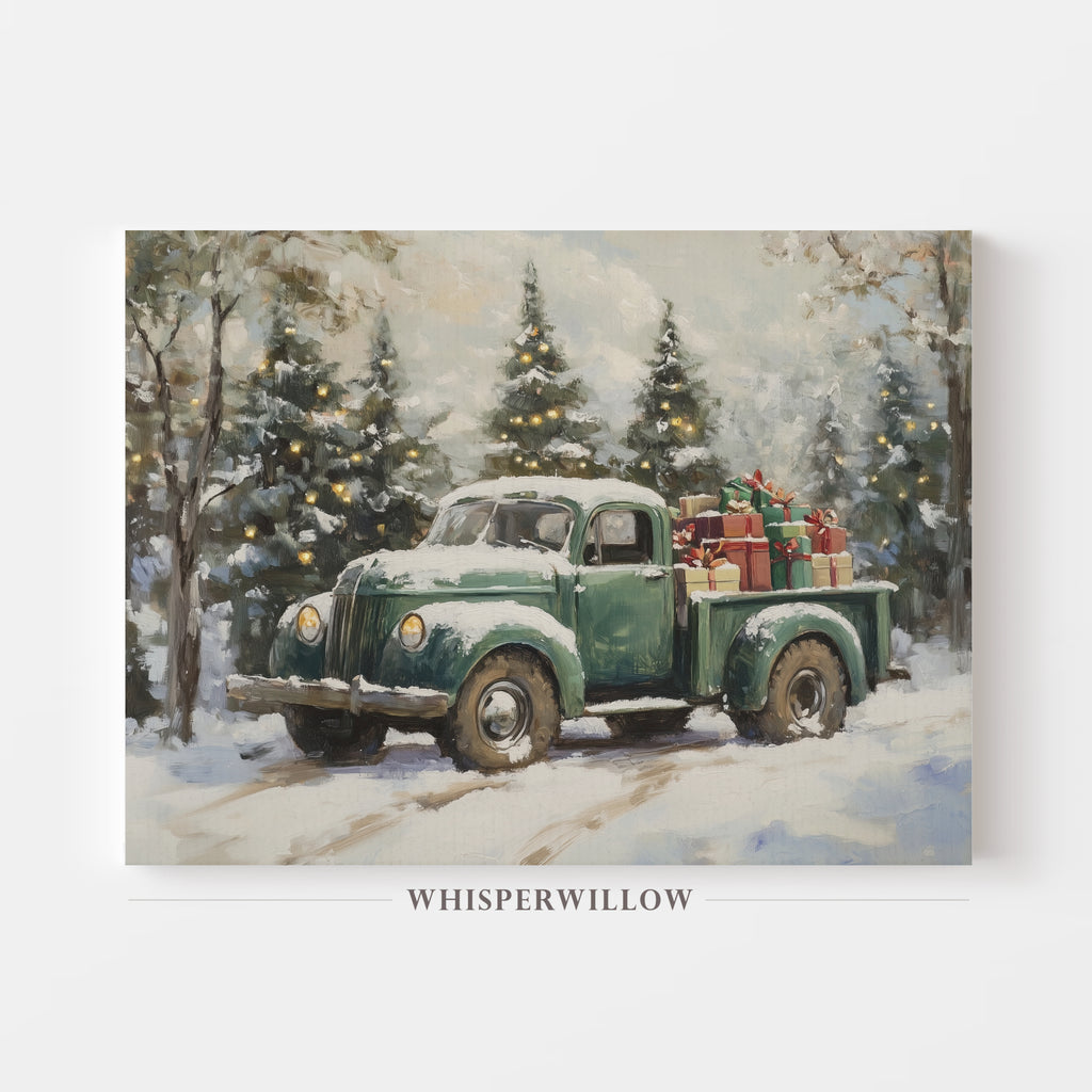 Vintage Green Christmas Truck and Presents in Tree Lit Forest Canvas Wall Art Holiday Home Decor Gift
