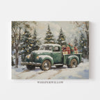 Vintage Green Christmas Truck and Presents in Tree Lit Forest Canvas Wall Art Holiday Home Decor Gift
