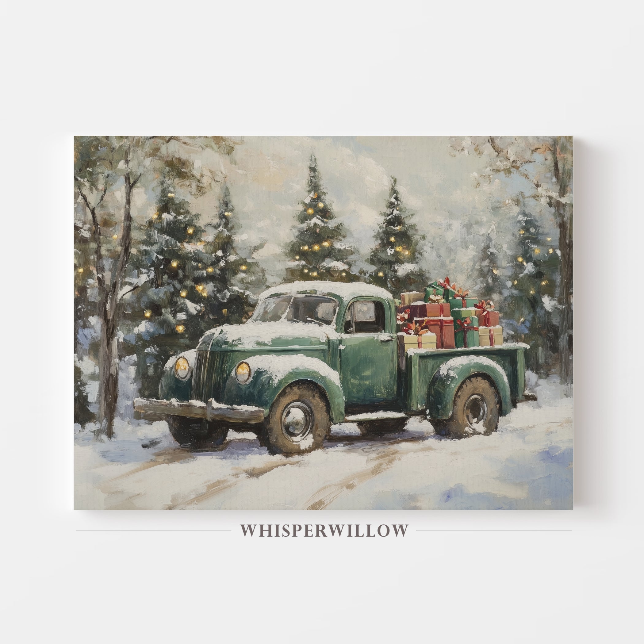 Vintage Green Christmas Truck and Presents in Tree Lit Forest Canvas Wall Art Holiday Home Decor Gift