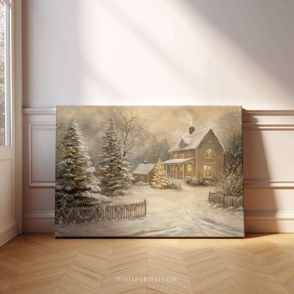 Enchanting Winter Cottage Canvas Wall Art - Snowy Christmas Landscape, Farmhouse Holiday Decor