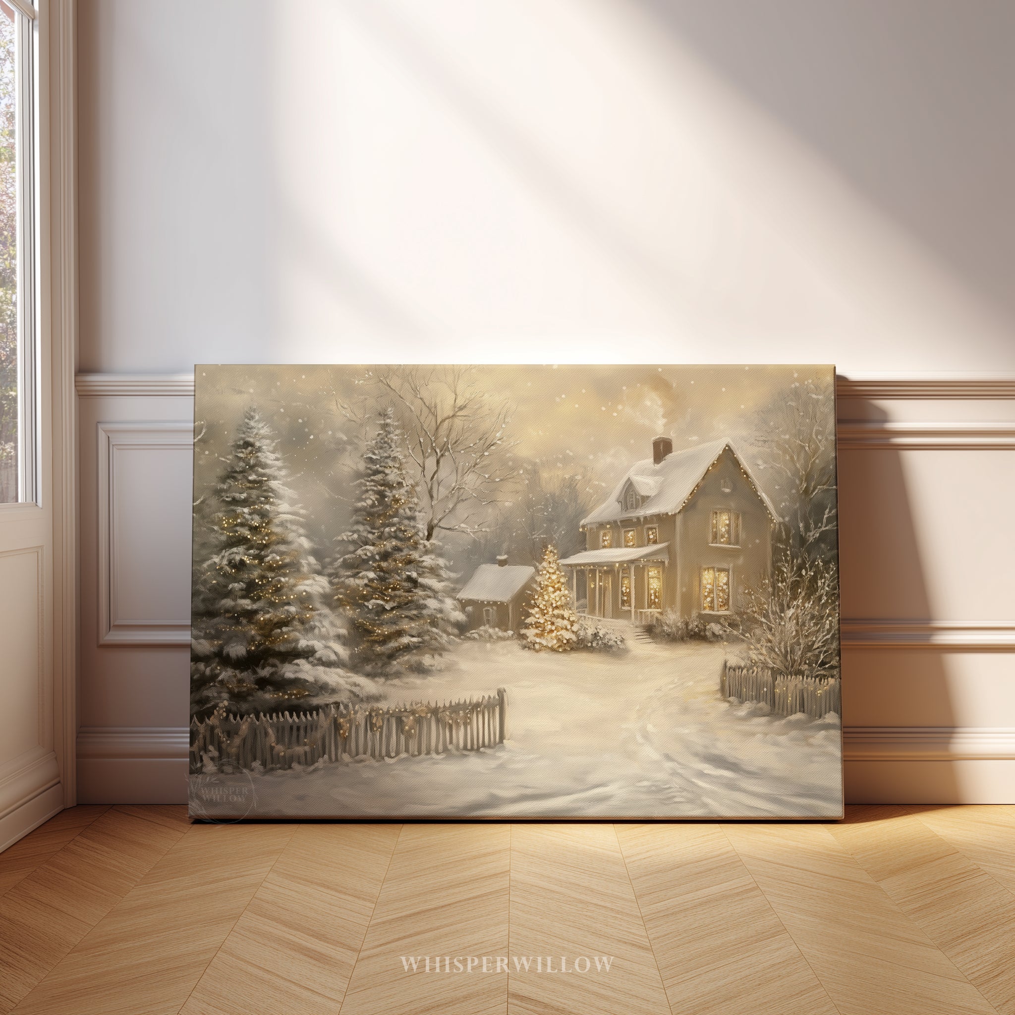 Enchanting Winter Cottage Canvas Wall Art - Snowy Christmas Landscape, Farmhouse Holiday Decor