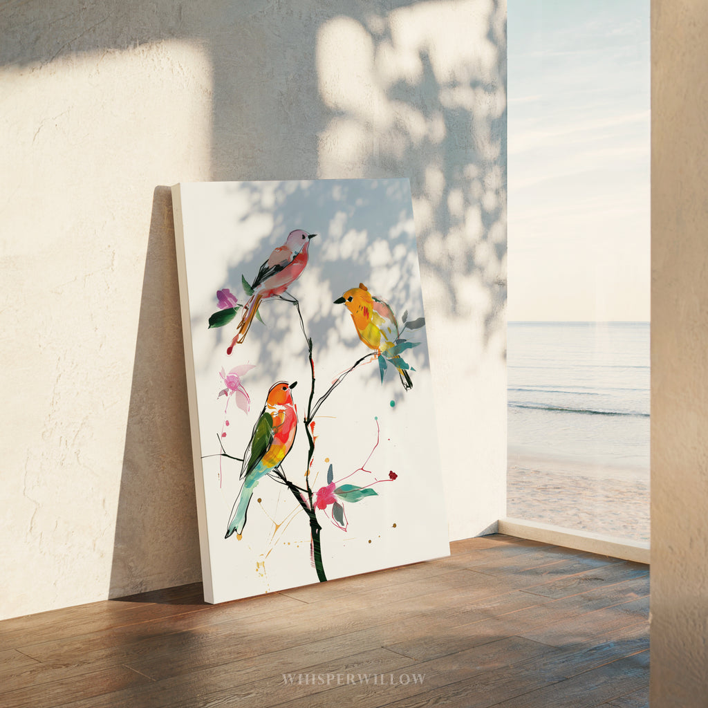 Farbenfrohe Singvogel-Leinwandbilder – Lebendige Aquarellvögel auf einem verspielten Ast