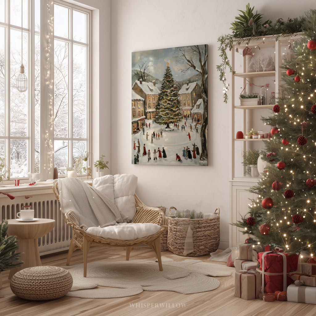 Weihnachtsdorf-Eislauf-Leinwandbild – Vintage-Weihnachtsdorfplatz, nostalgische Winterdekoration