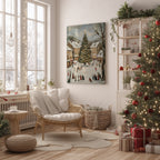 Weihnachtsdorf-Eislauf-Leinwandbild – Vintage-Weihnachtsdorfplatz, nostalgische Winterdekoration