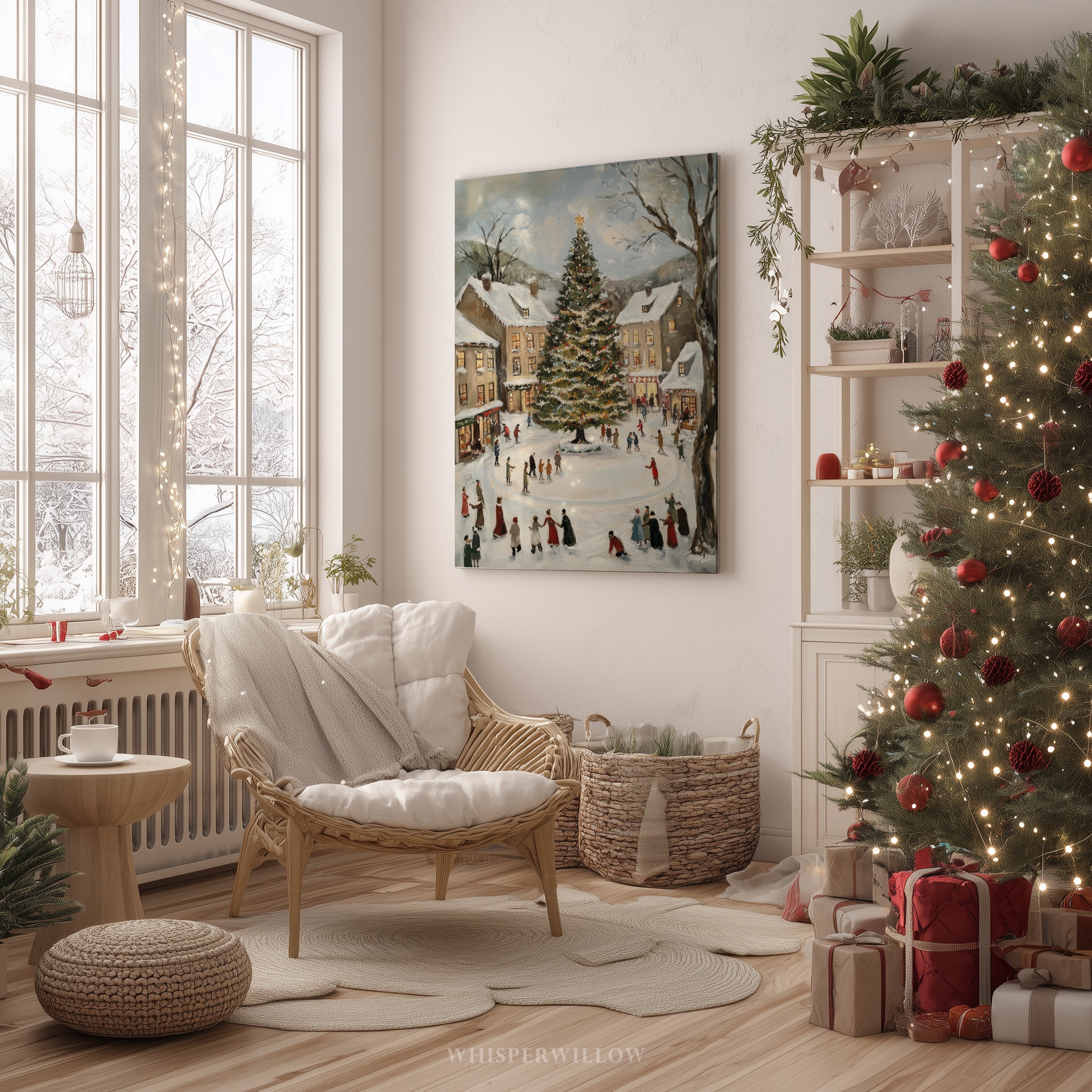 Weihnachtsdorf-Eislauf-Leinwandbild – Vintage-Weihnachtsdorfplatz, nostalgische Winterdekoration