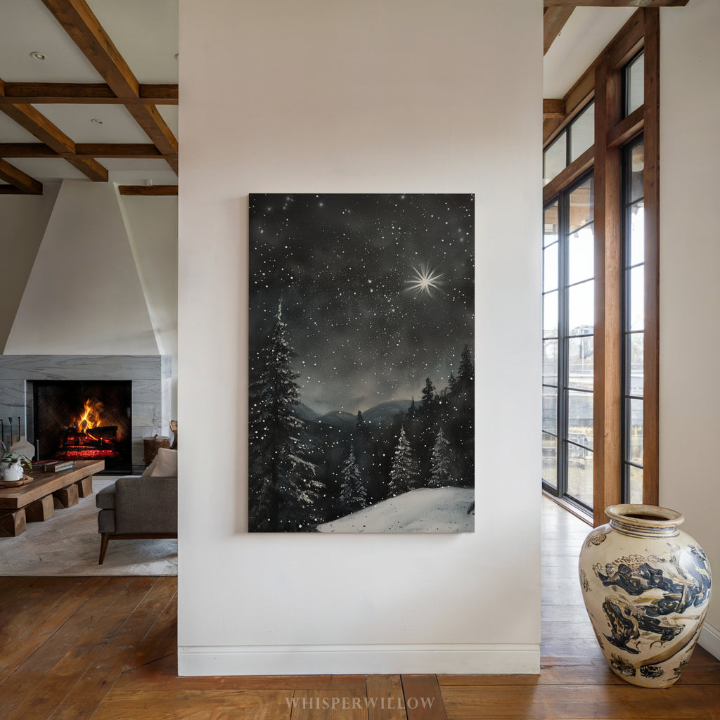 Winterliches Leinwandbild | Sternennacht, verschneiter Wald, Polarstern | Weihnachtsgeschenk