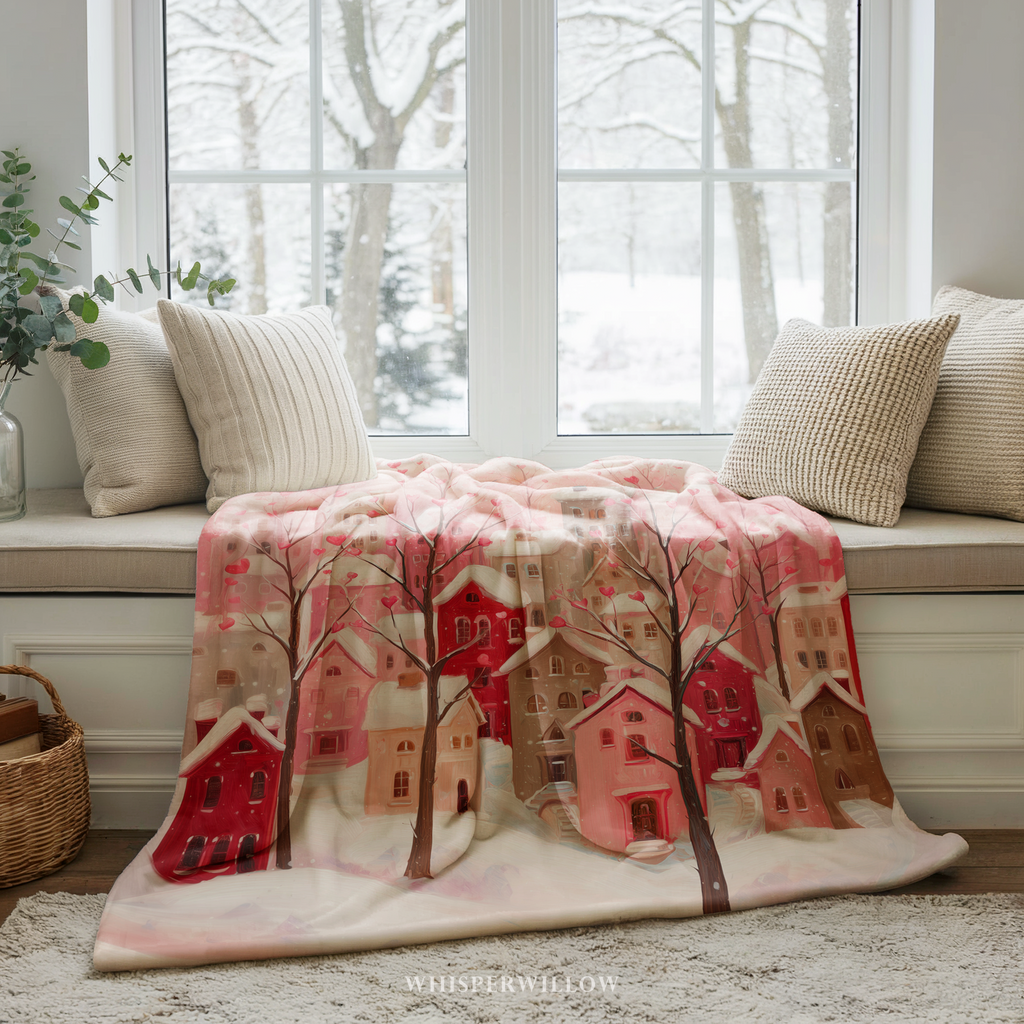 Valentine heart village throw blanket with pink winter town and heart-shaped trees on soft pastel background