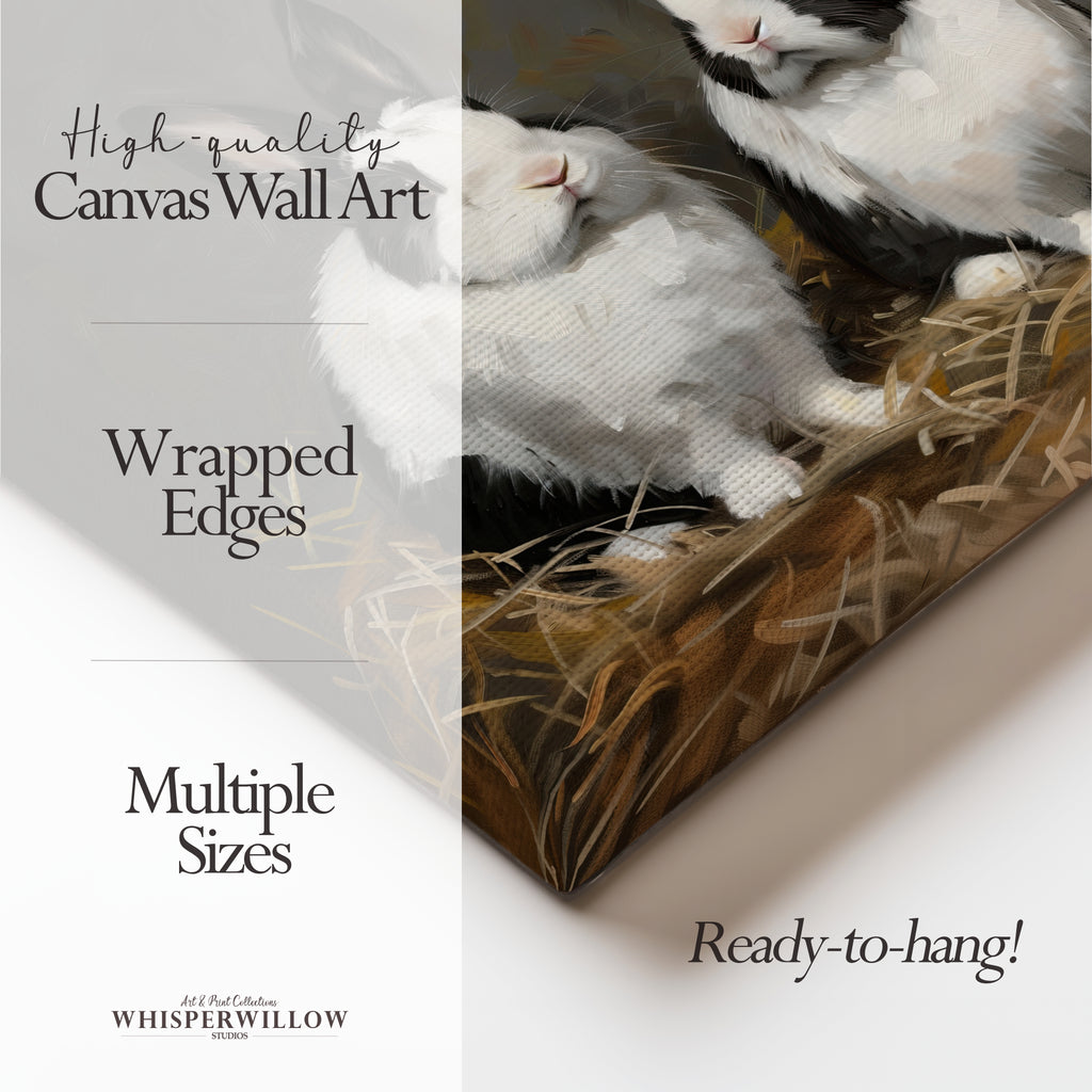 Leinwandbild mit schwarz-weißem Kaninchen – Rustikales Frühlingsmotiv im Landhausstil mit holländischem Hasenmotiv