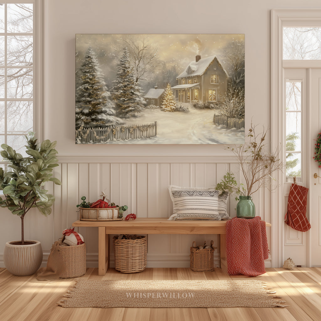 Enchanting Winter Cottage Canvas Wall Art - Snowy Christmas Landscape, Farmhouse Holiday Decor