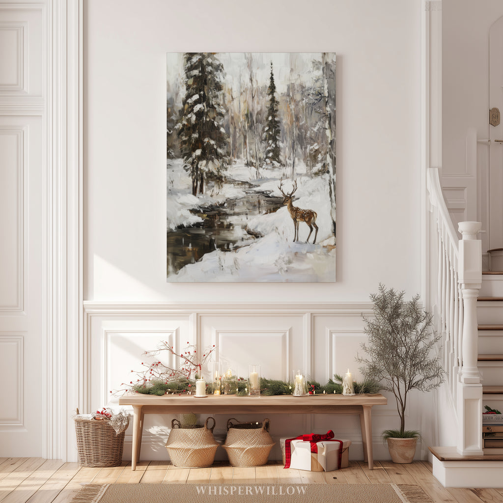 Winterliches Wandbild „Deer Creek“ auf Leinwand – Verschneite Waldlandschaft, Waldtierdekor