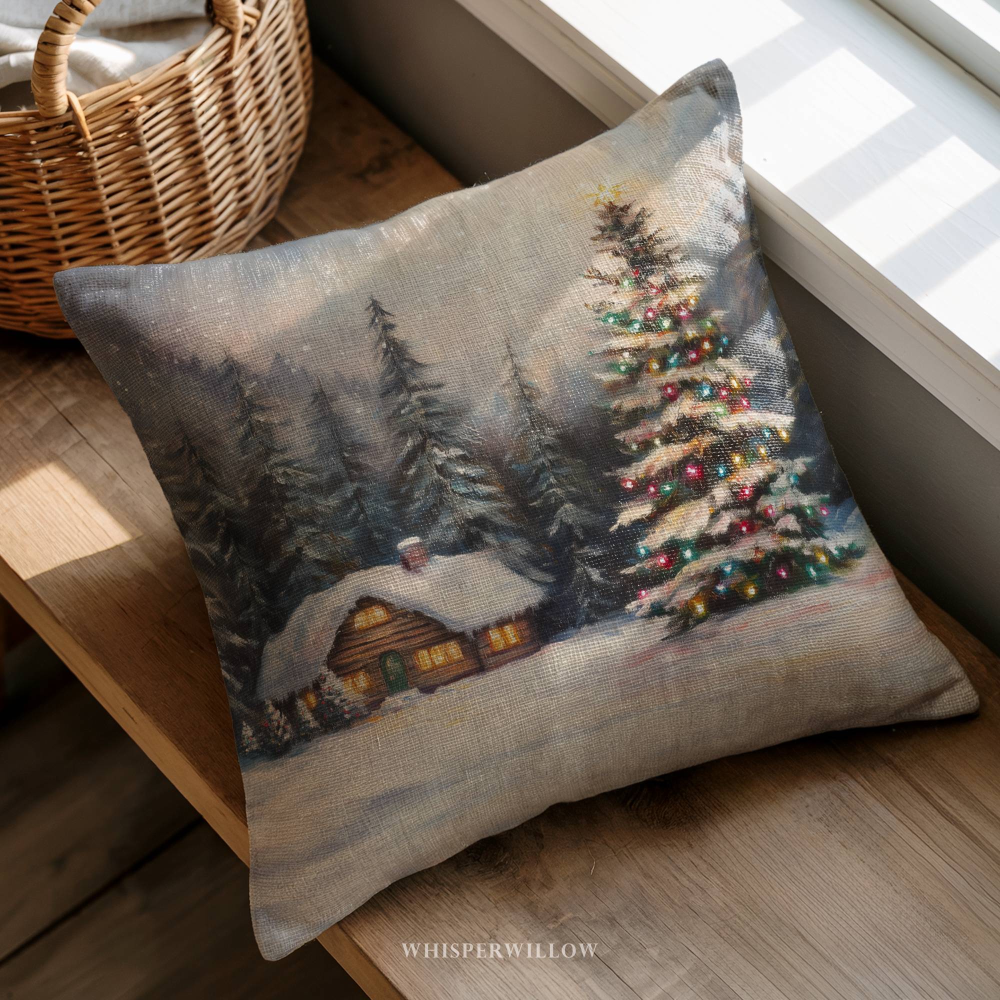 Gemütliches Hütten-Dekokissen – Weihnachtslichter-Winterwunderland-Kissen