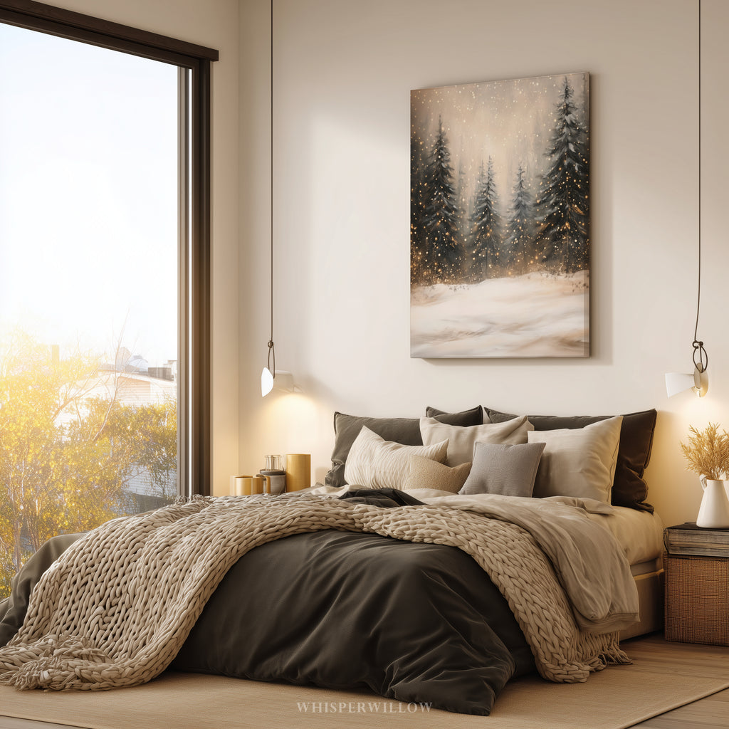Winterliches Leinwandbild | Verschneiter Kiefernwald mit funkelnden Lichtern | Gemütliche, rustikale Weihnachtsdeko – das perfekte Geschenk für Ihr Zuhause